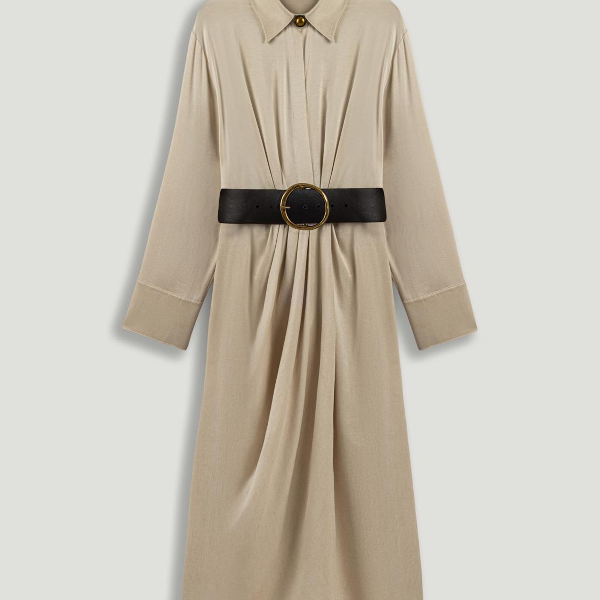 Drape Detaylı Kemerli Maxi Elbise