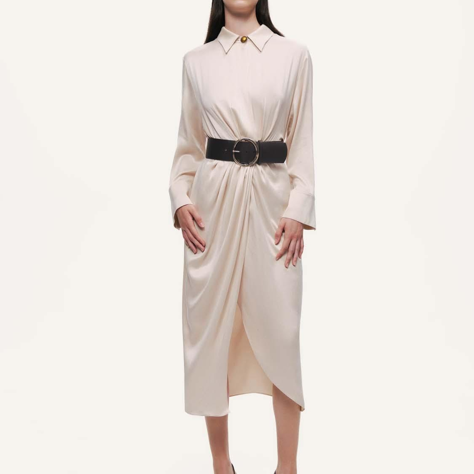 Drape Detaylı Kemerli Maxi Elbise