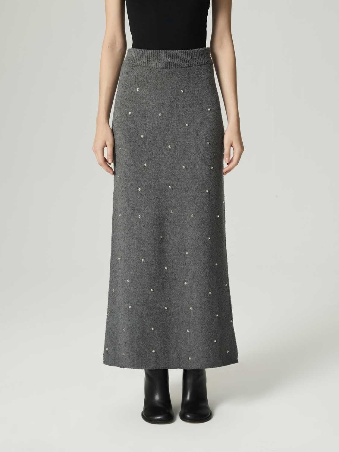  Taş Detaylı Triko Maxi Etek
