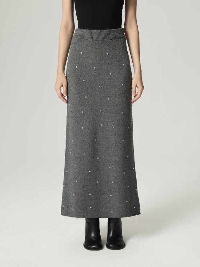  Taş Detaylı Triko Maxi Etek
