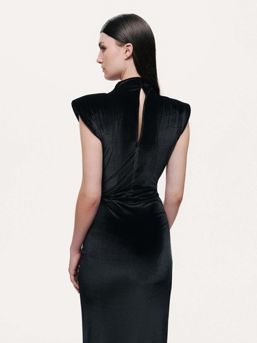  Drape Detaylı Midi Kadife Elbise