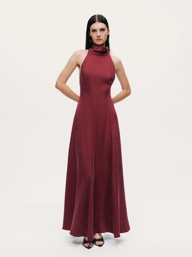  Halter Yaka Sırt Detaylı Maxi Elbise