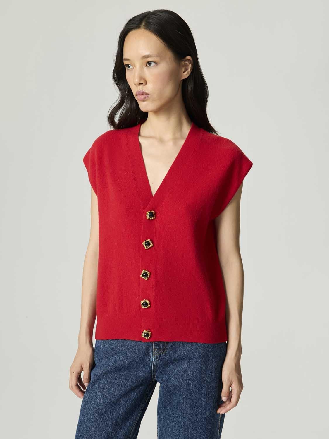  Düğme Aksesuarlı Triko Yelek