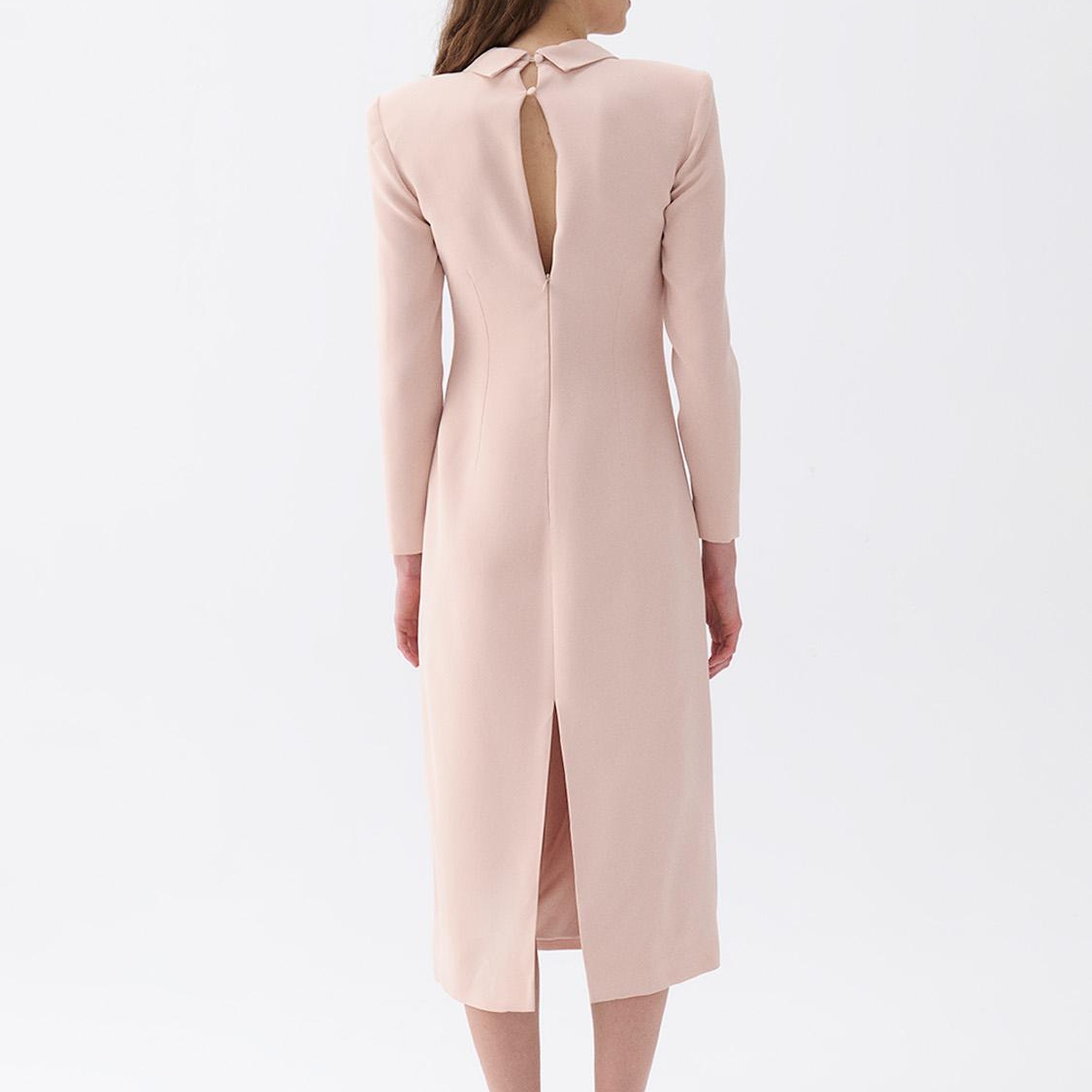 Vatkalı Kravat Yaka Midi Elbise