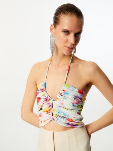  Dekolte Detaylı Desenli Crop Top