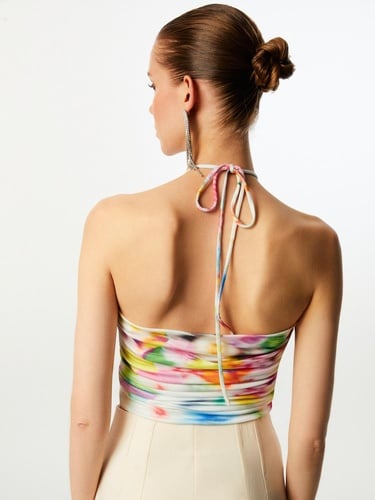  Dekolte Detaylı Desenli Crop Top