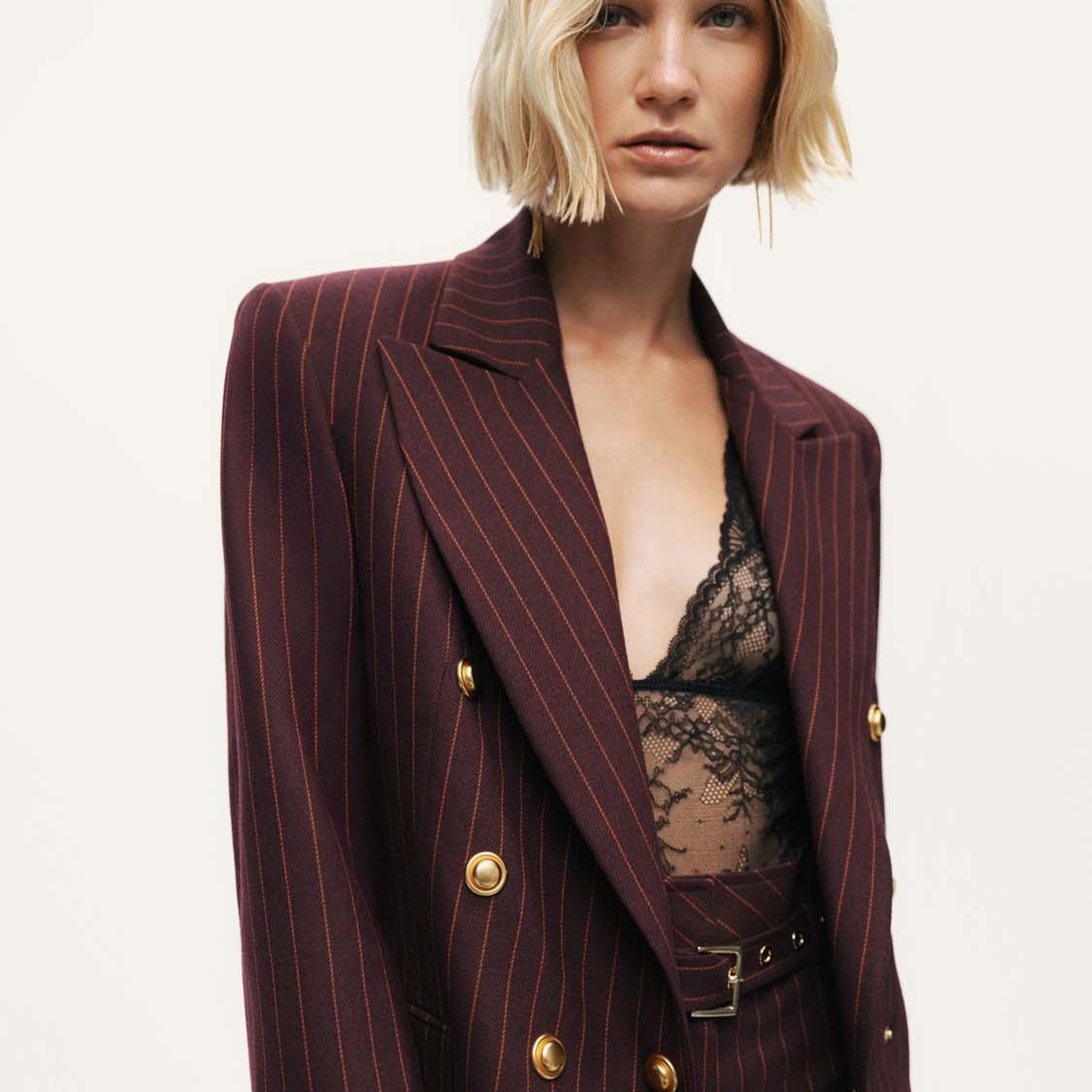 Kruvaze Çizgili Blazer Ceket