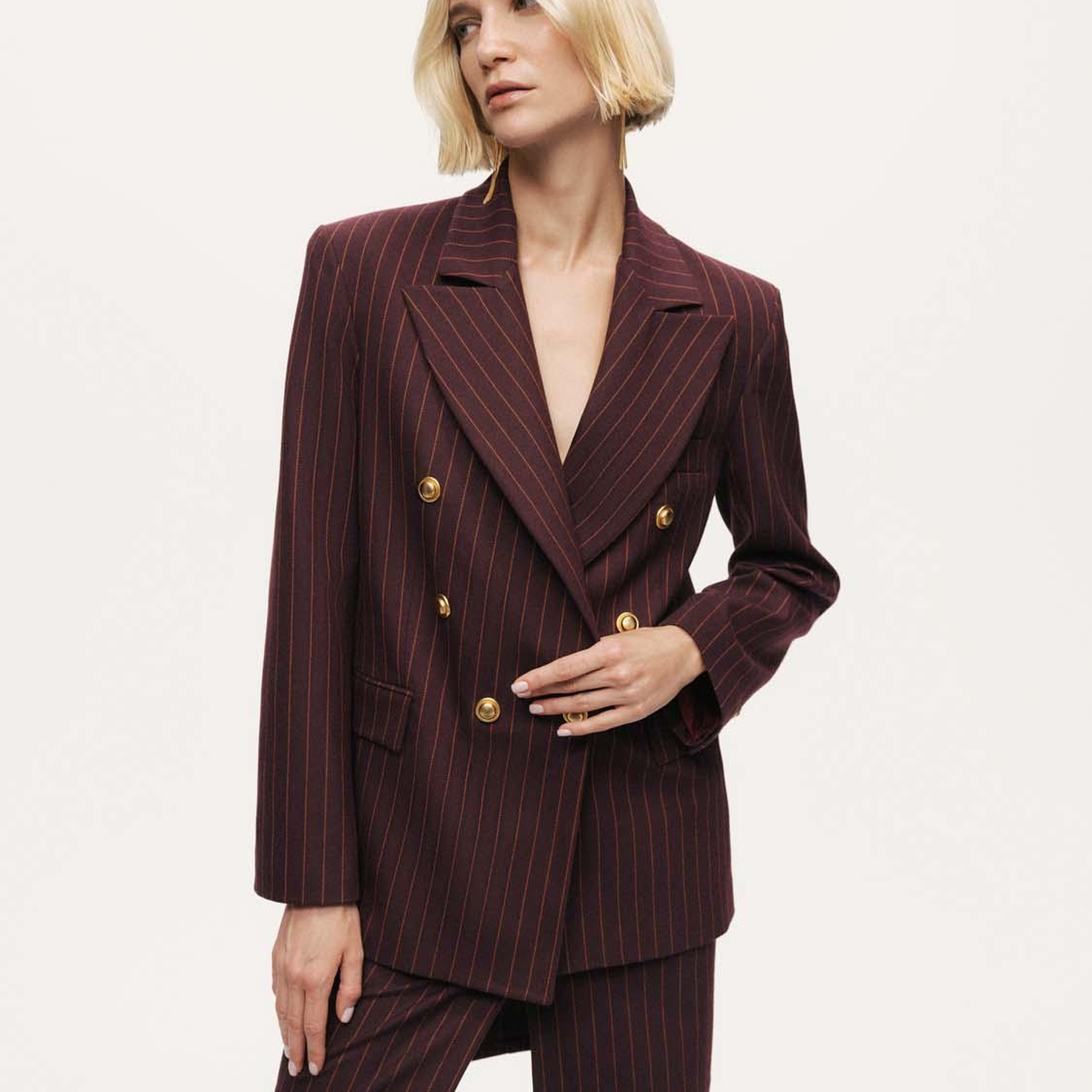 Kruvaze Çizgili Blazer Ceket