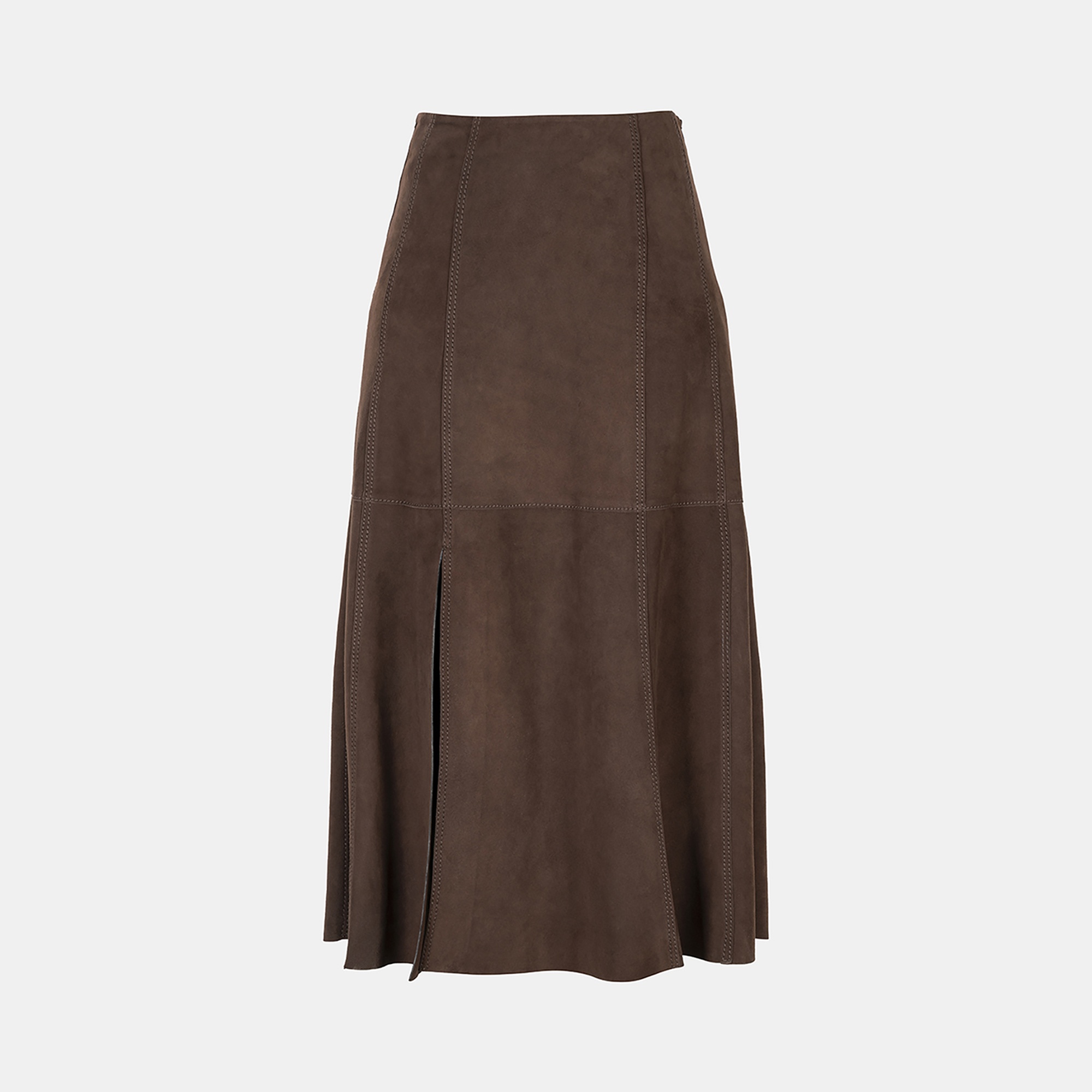 Kadın Kahve Yüksek Bel Midi Boy Süet Etek