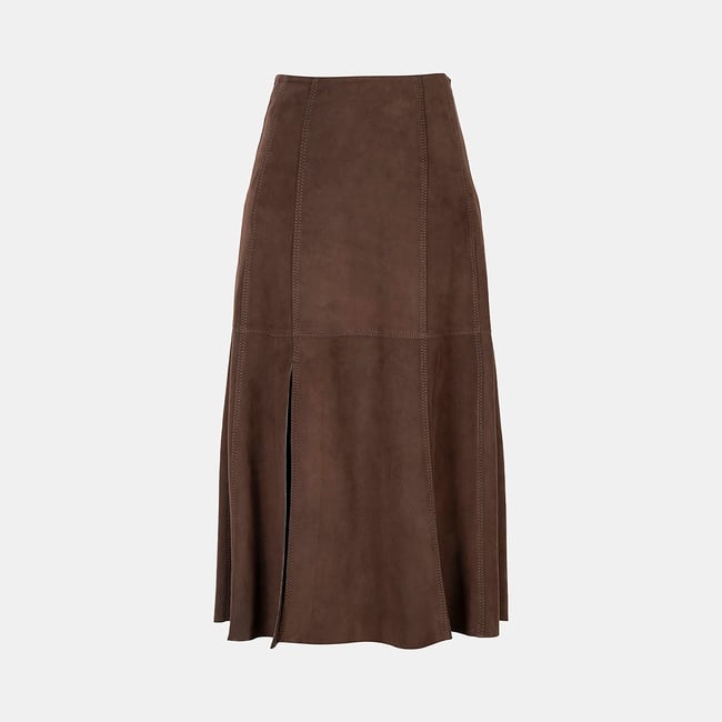  Kadın Kahve Yüksek Bel Midi Boy Süet Etek