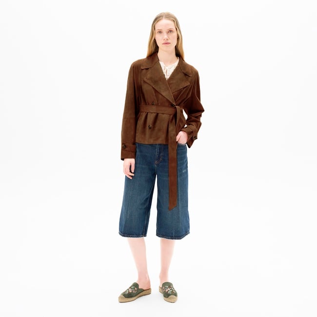  Limited Edition Kadın Taba Belden Bağlamalı Süet Kısa Trençkot