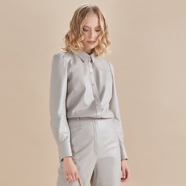  Gri Giolla Kadın Deri Gömlek