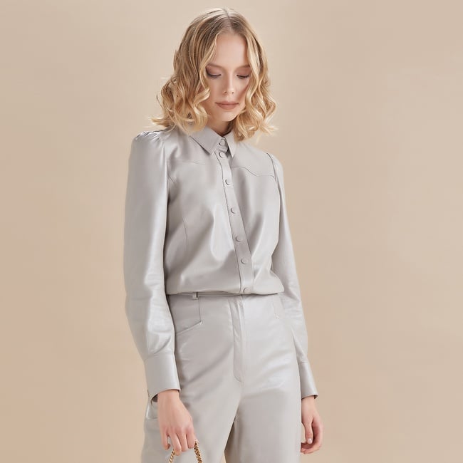  Gri Giolla Kadın Deri Gömlek