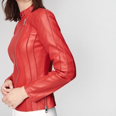  Kadın Kırmızı Deri Fit Panelli Biker Ceket