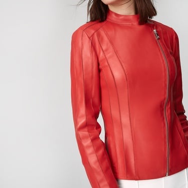  Kadın Kırmızı Deri Fit Panelli Biker Ceket