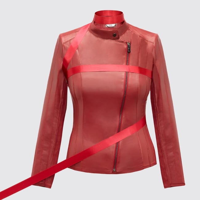 Kadın Kırmızı Deri Fit Panelli Biker Ceket