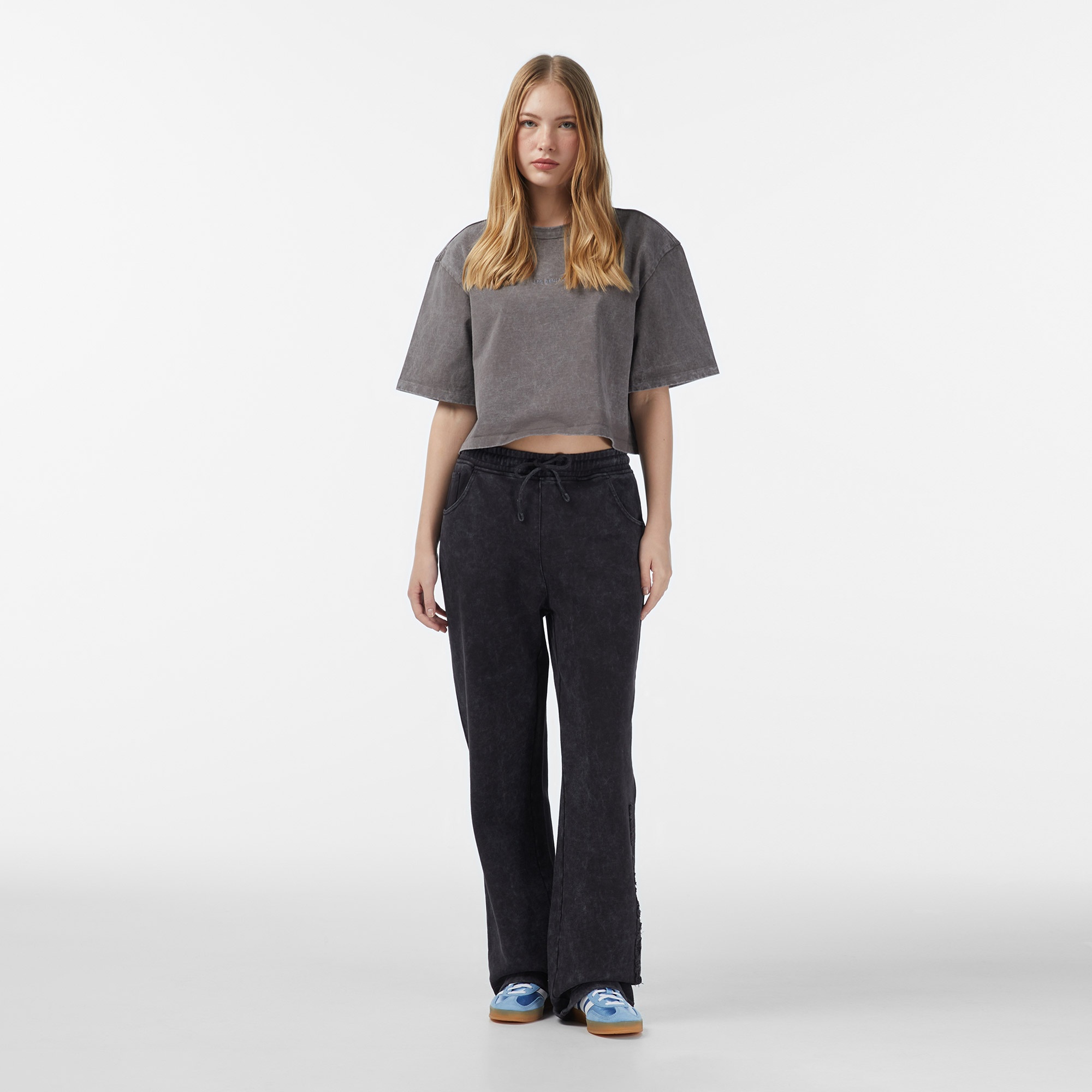 Les Benjamins Crop Oversize Fit Kadın Gri T-Shirt