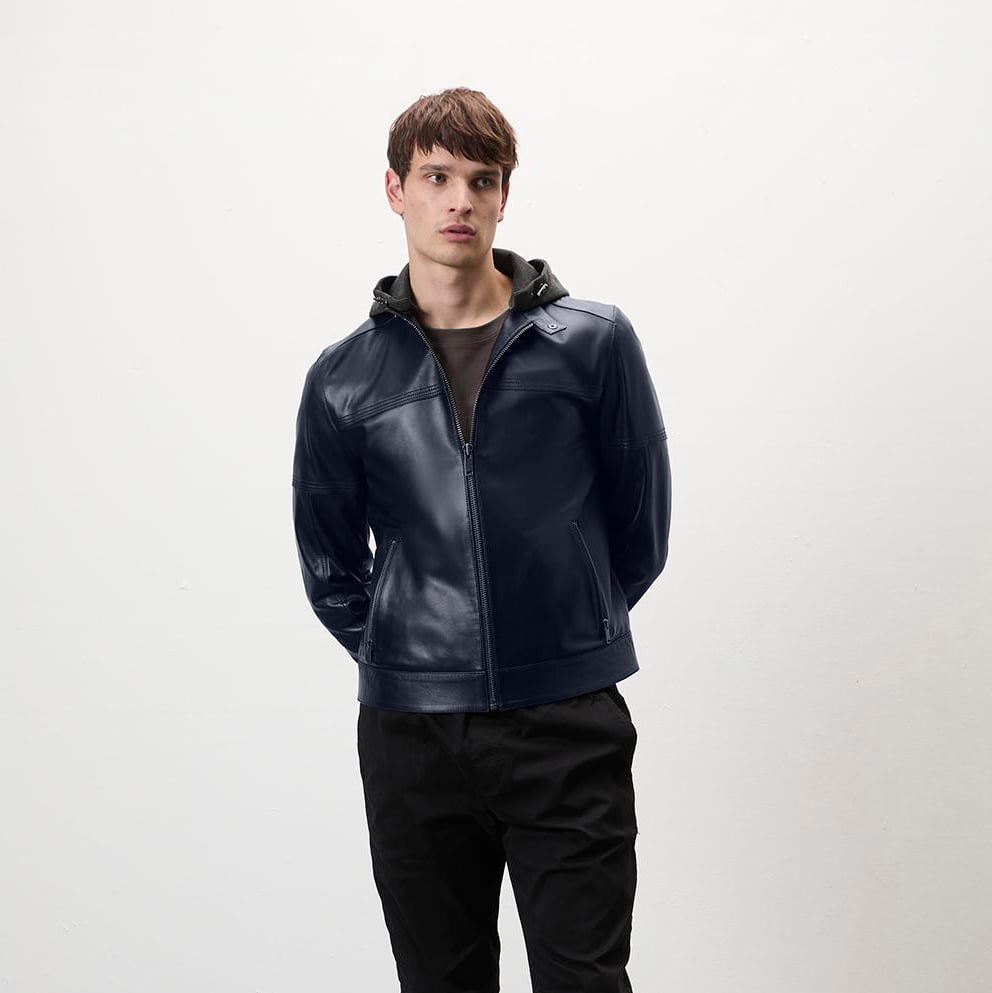  Selino Lacivert Erkek Kapüşonlü Deri Mont