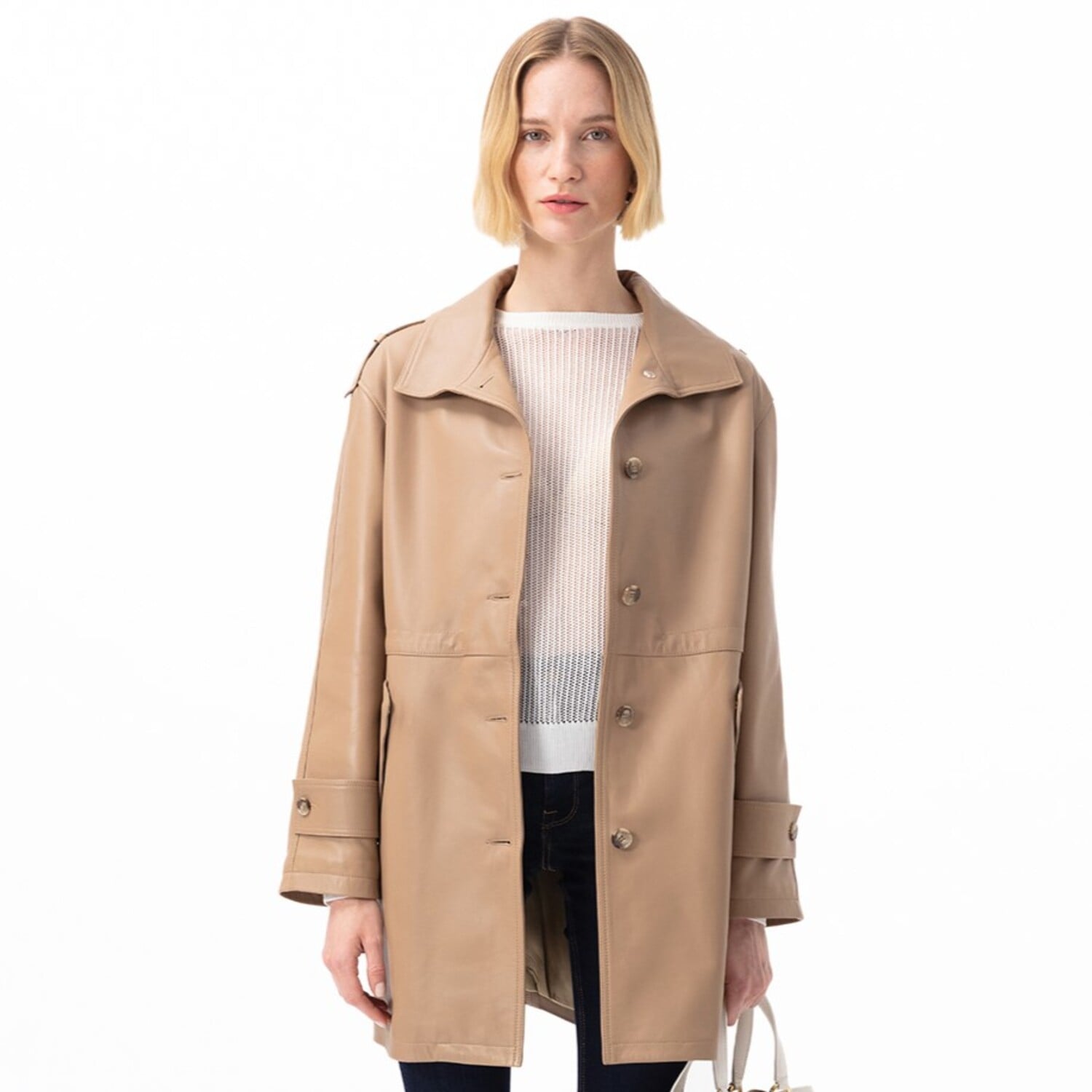  Carlynda Bej Kadın Deri Oversize Pardösü