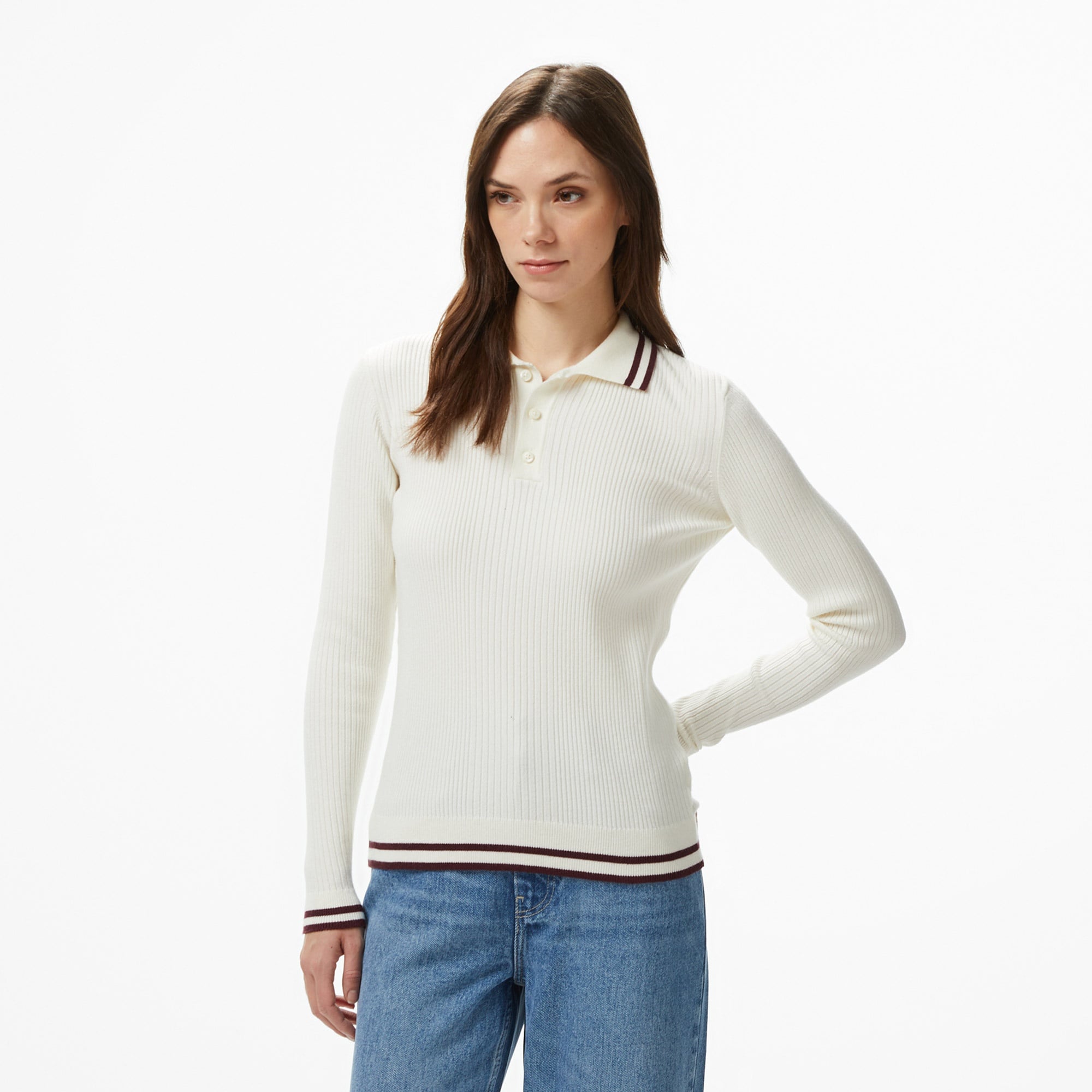 Nautica Kadın Krem Classic Fit Uzun Kollu Polo Yaka T-Shirt