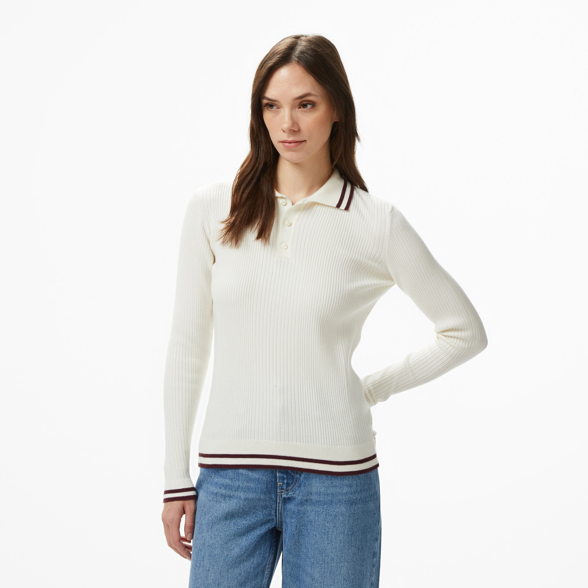  Nautica Kadın Krem Classic Fit Uzun Kollu Polo Yaka T-Shirt