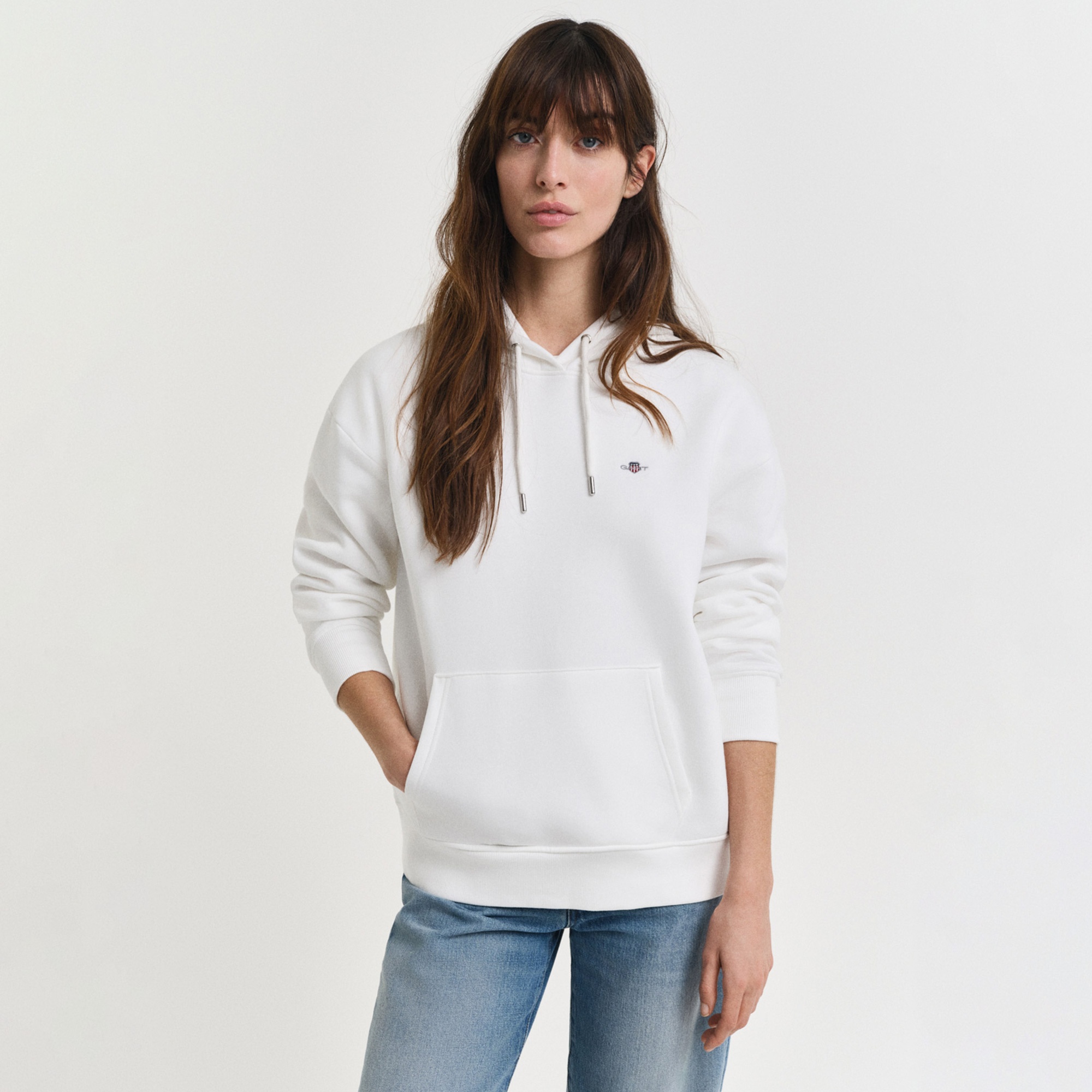 GANT Kadın Beyaz Relaxed Fit Kapüşonlu Sweatshirt