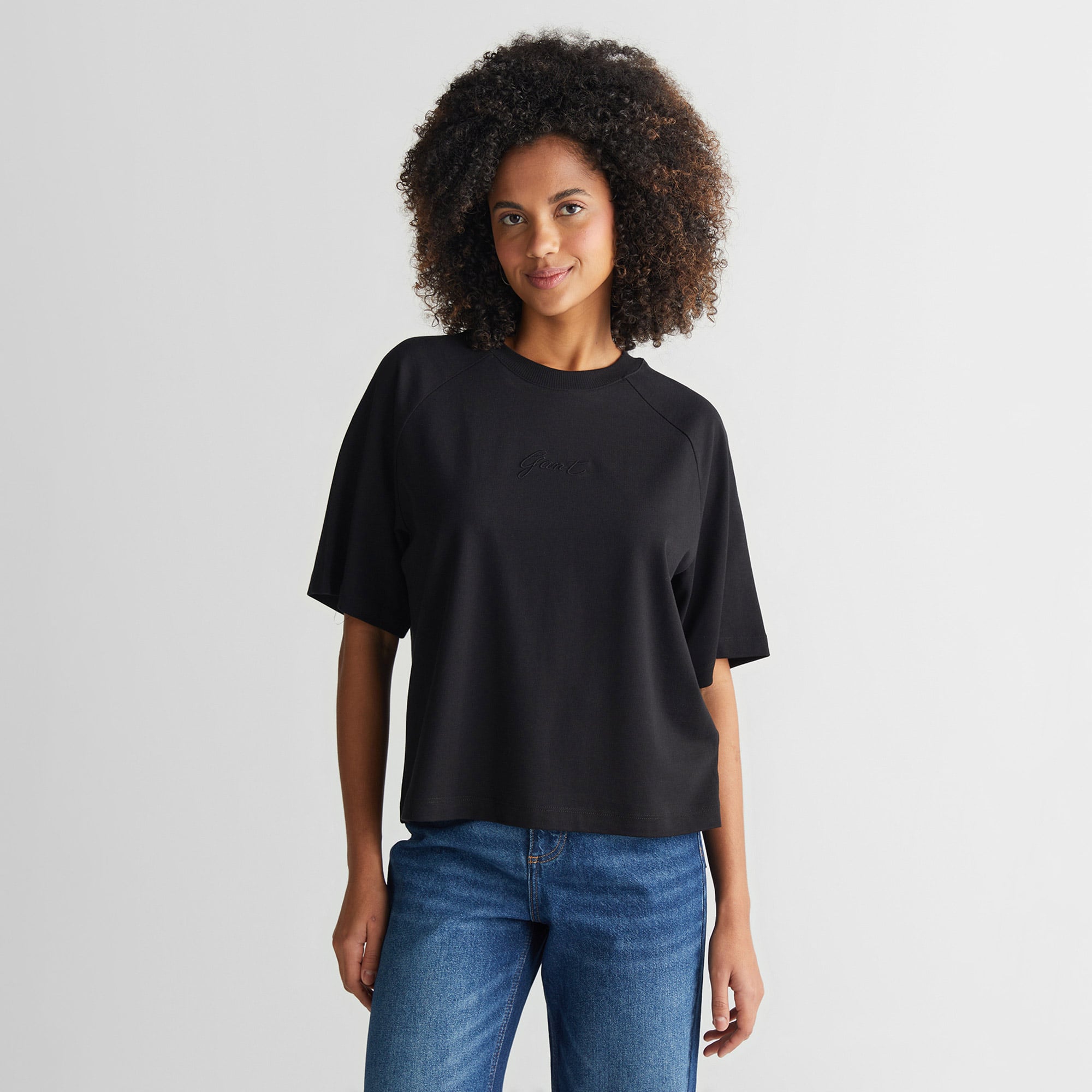  GANT Kadın Siyah Bisiklet Yaka Logolu T-Shirt