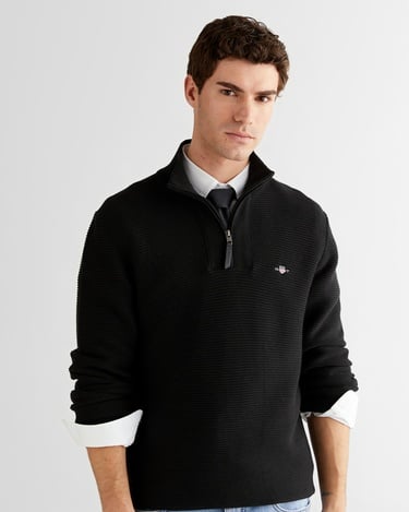  GANT Erkek Siyah Regular Fit Yarım Fermuarlı Triko
