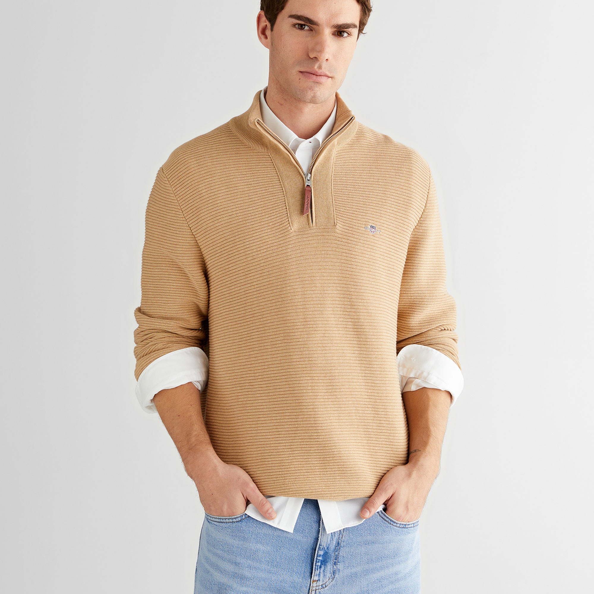 GANT Erkek Bej Regular Fit Yarım Fermuarlı Triko