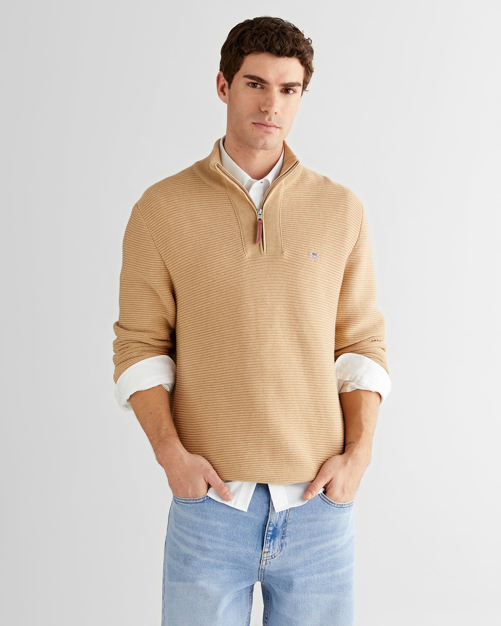  GANT Erkek Bej Regular Fit Yarım Fermuarlı Triko