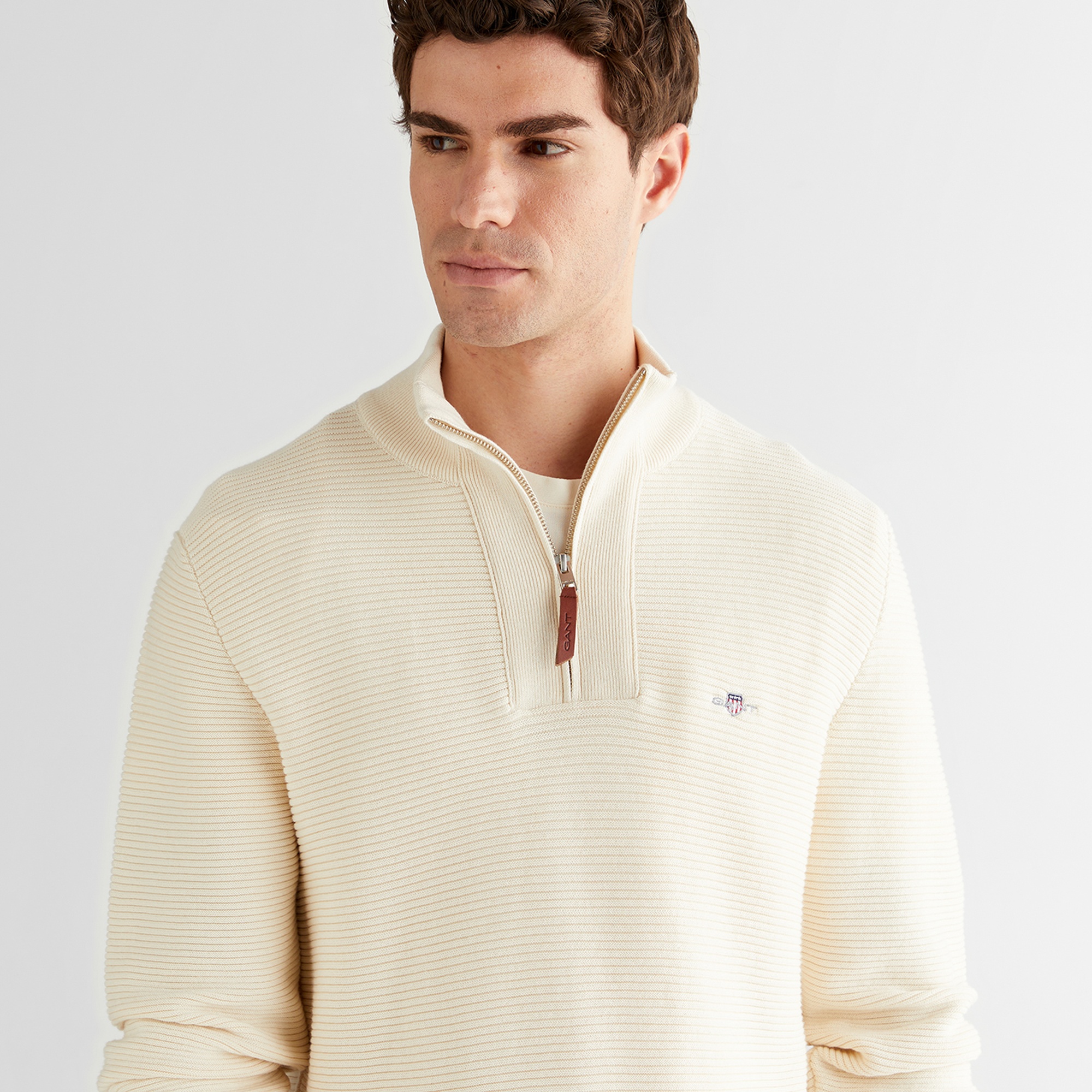 GANT Erkek Krem Regular Fit Yarım Fermuarlı Triko