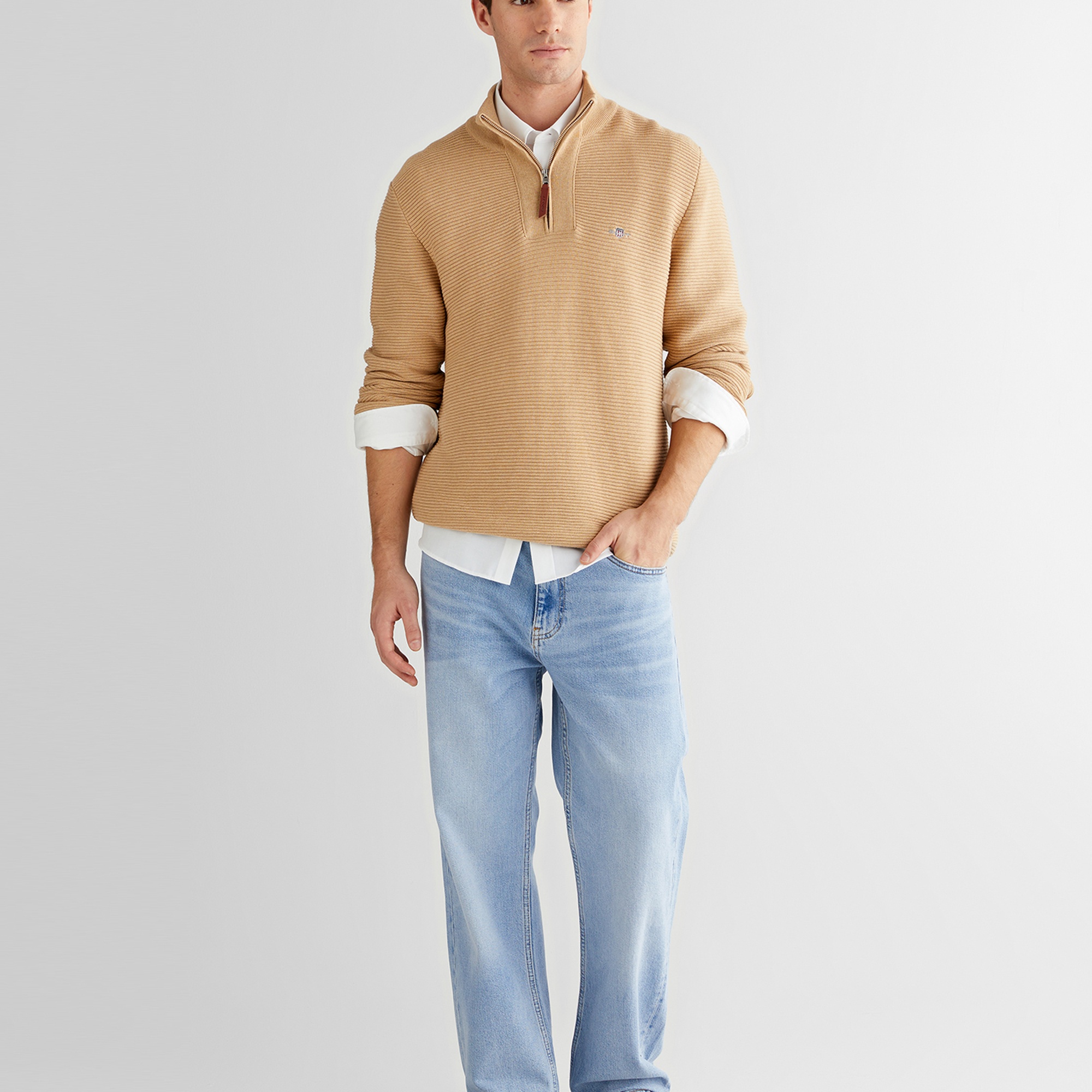 GANT Erkek Bej Regular Fit Yarım Fermuarlı Triko