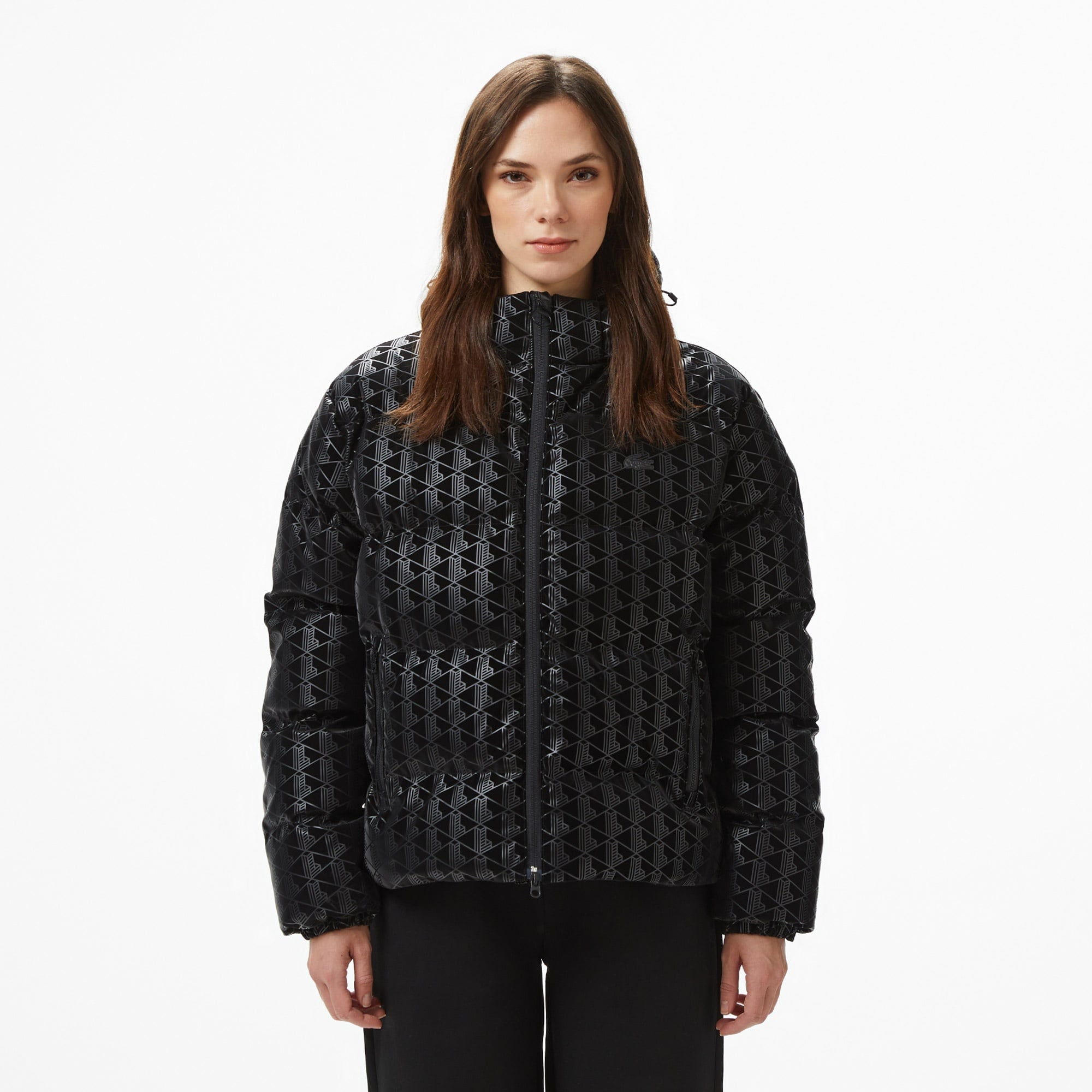 Kadın Kapüşonlu Monogram Siyah Mont