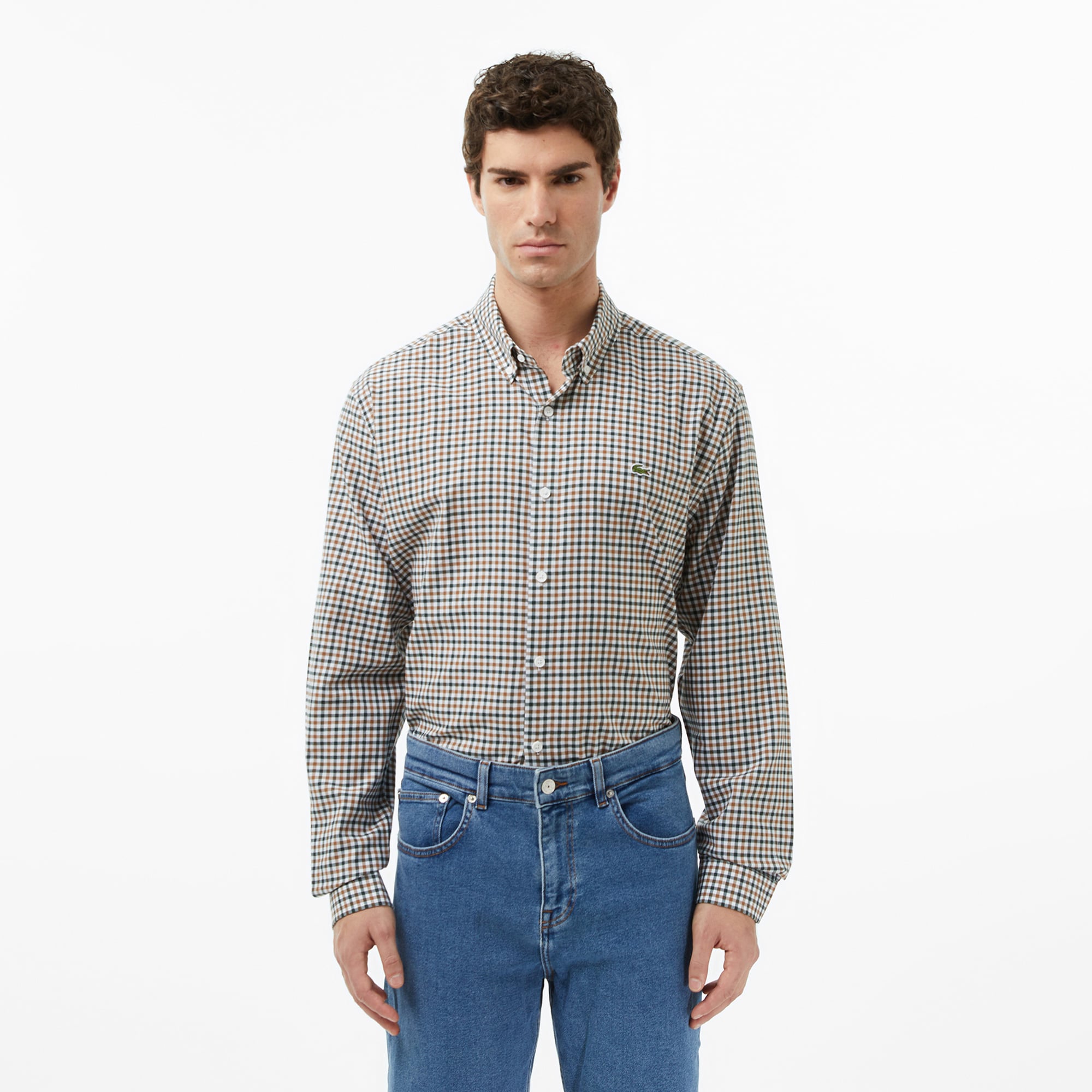  Erkek Regular Fit Düğmeli Yaka Kareli Kahverengi Gömlek