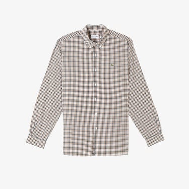  Lacoste Erkek Regular Fit Düğmeli Yaka Kareli Kahverengi Gömlek