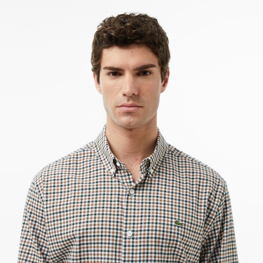  Erkek Regular Fit Düğmeli Yaka Kareli Kahverengi Gömlek