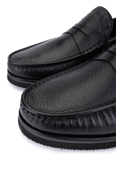  Tamer Tanca Erkek Hakiki Deri Siyah Floter Loafer Ayakkabı