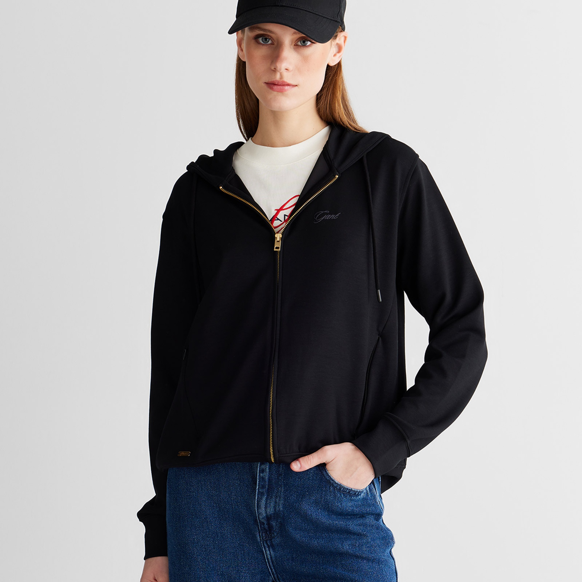 GANT Kadın Siyah Regular Fit Fermuarlı Sweatshirt