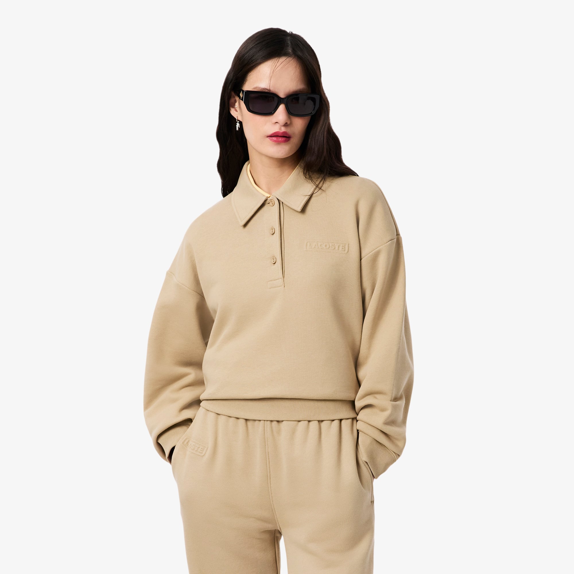  Lacoste Kadın Relaxed Fit Polo Yaka Yün Bej Triko