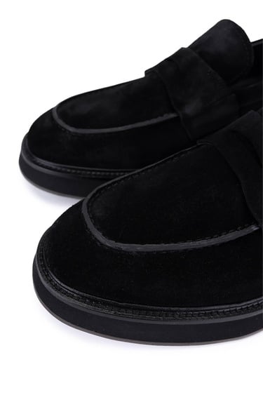  Tamer Tanca Erkek Hakiki Deri Siyah Süet Loafer Ayakkabı