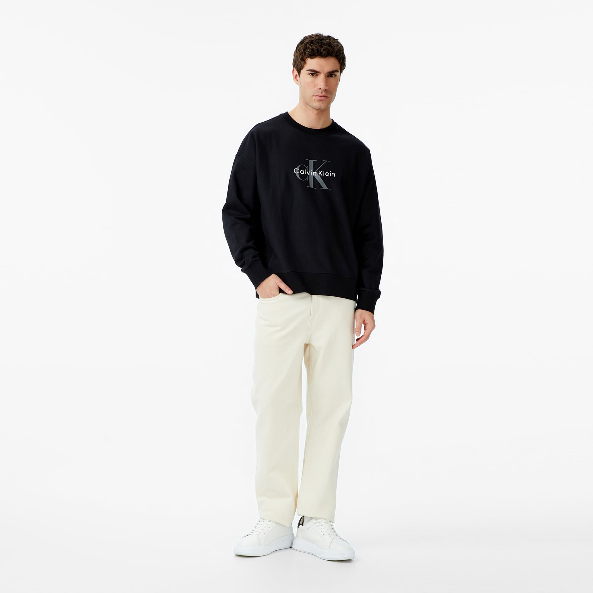 Calvin Klein Premium Terry Monologo Erkek Siyah Sweatshirt