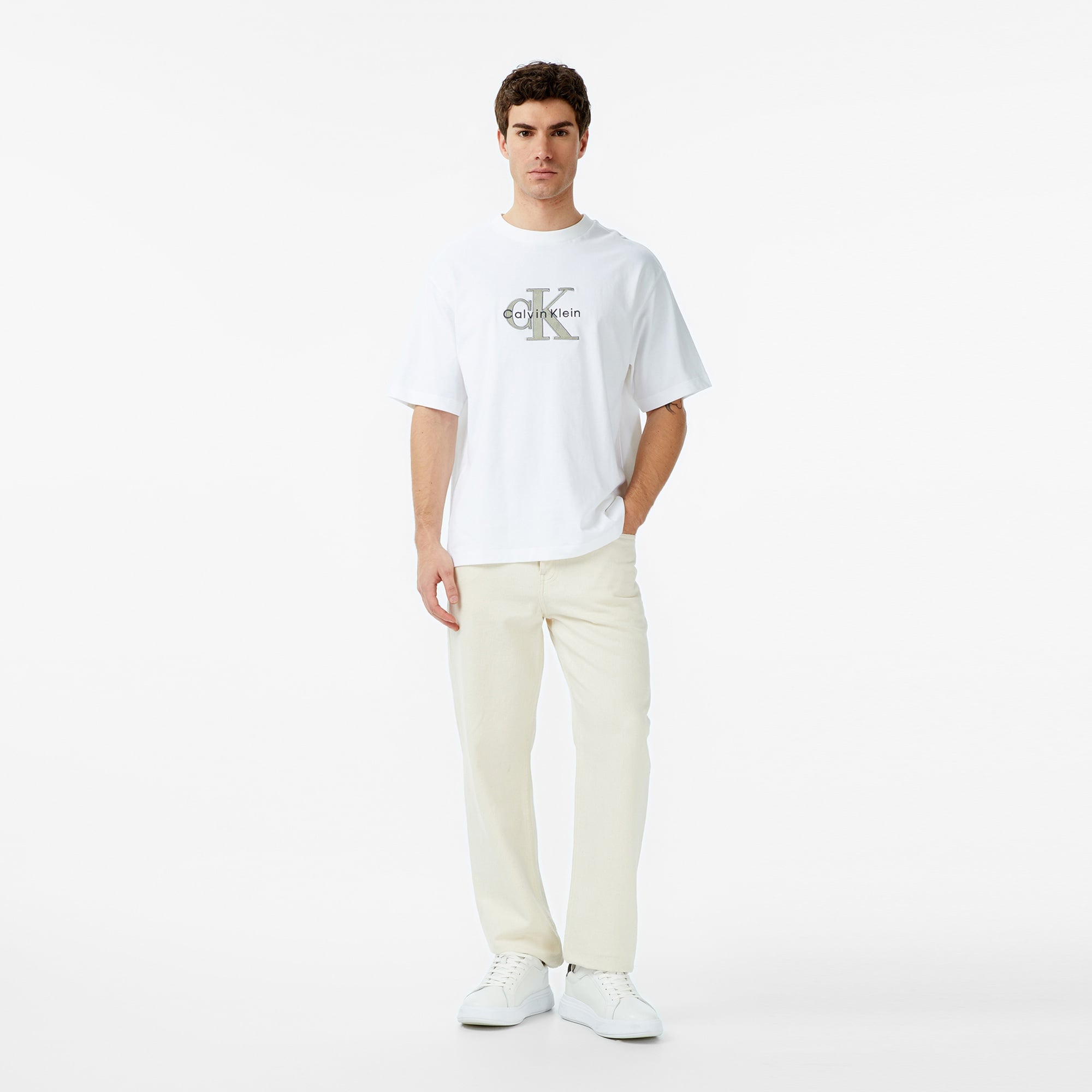 Calvin Klein Tricolor Monologo Graphic Erkek Beyaz T-Shirt