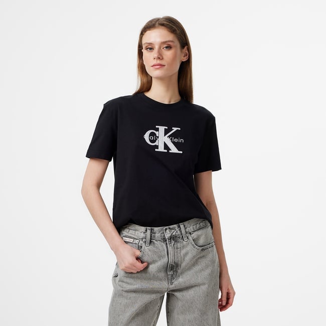  Calvin Klein Classic Monologo Metallic Kadın Siyah T-Shirt