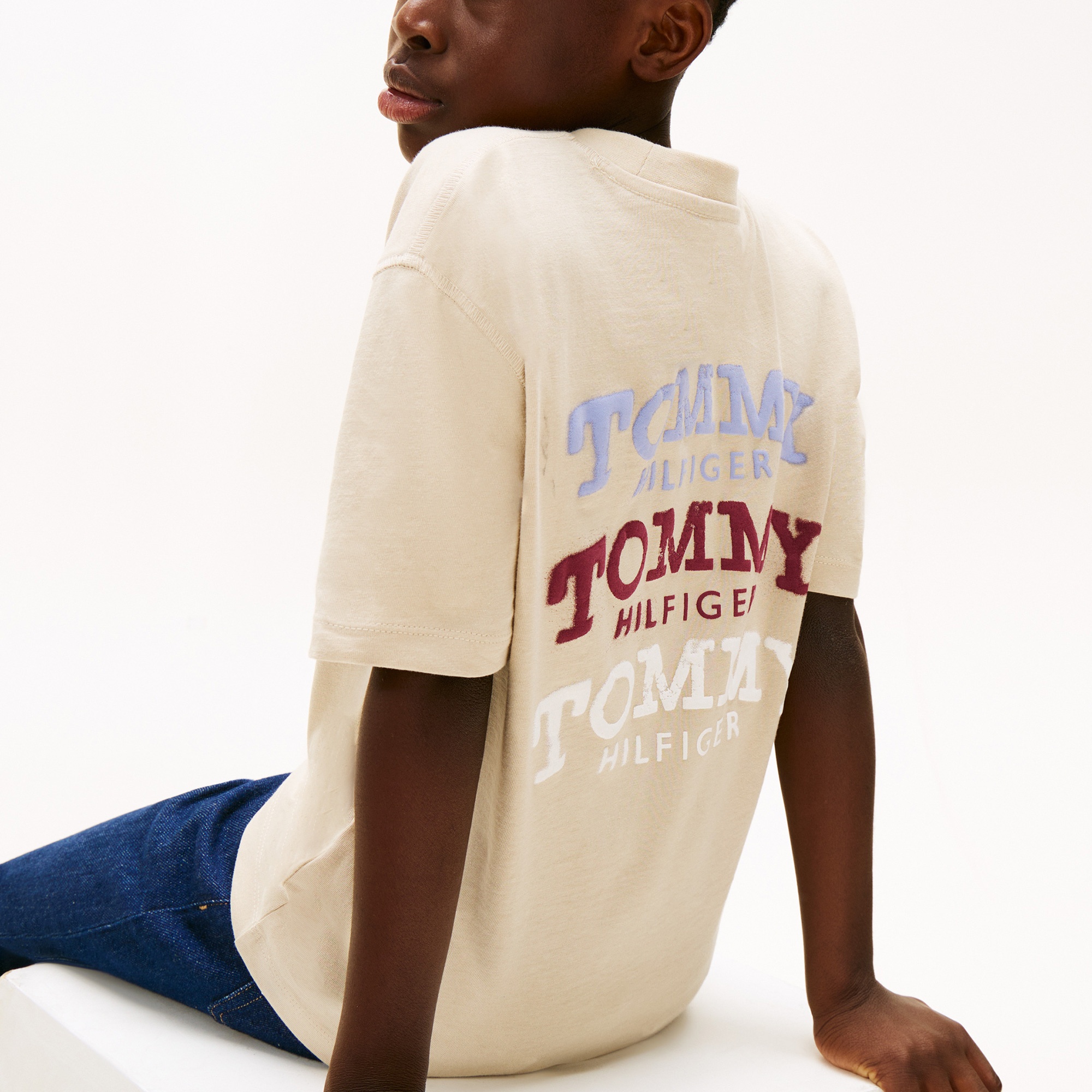 Tommy Hilfiger Washed Faded Graphic Çocuk Bej T-Shirt