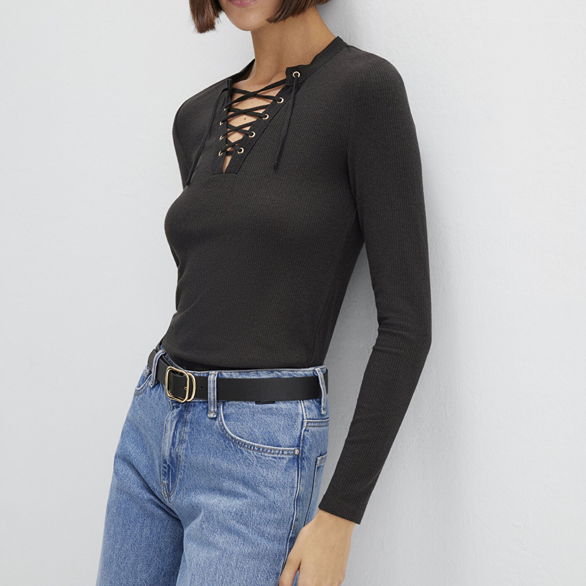 Mavi Uzun Kollu Kahverengi Tişört Fitted / Vücuda Oturan Kesim 1613839-70262