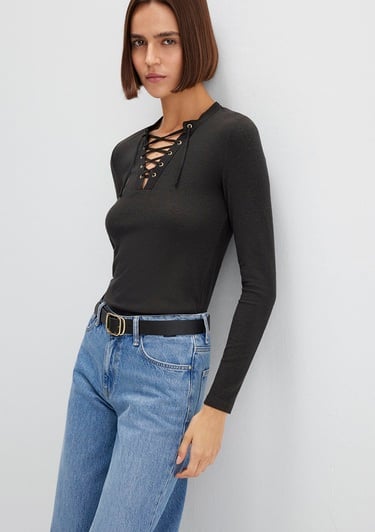  Mavi Uzun Kollu Kahverengi Tişört Fitted / Vücuda Oturan Kesim 1613839-70262