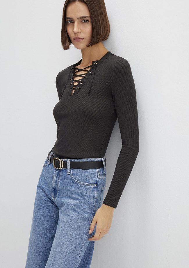  Mavi Uzun Kollu Kahverengi Tişört Fitted / Vücuda Oturan Kesim 1613839-70262