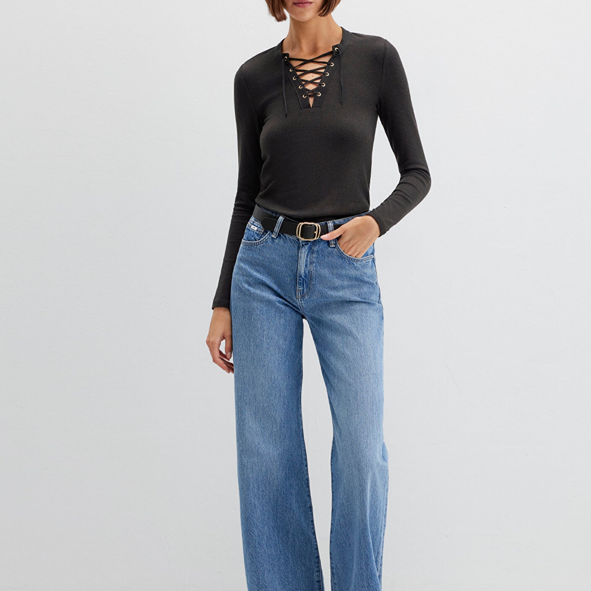 Mavi Uzun Kollu Kahverengi Tişört Fitted / Vücuda Oturan Kesim 1613839-70262