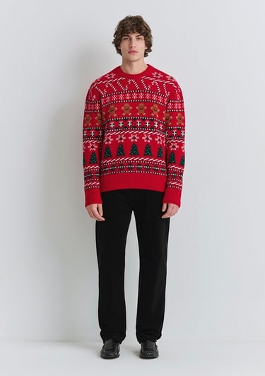  Mavi Yılbaşı Temalı Kırmızı Kazak Regular Fit / Normal Kesim 0710403-85905