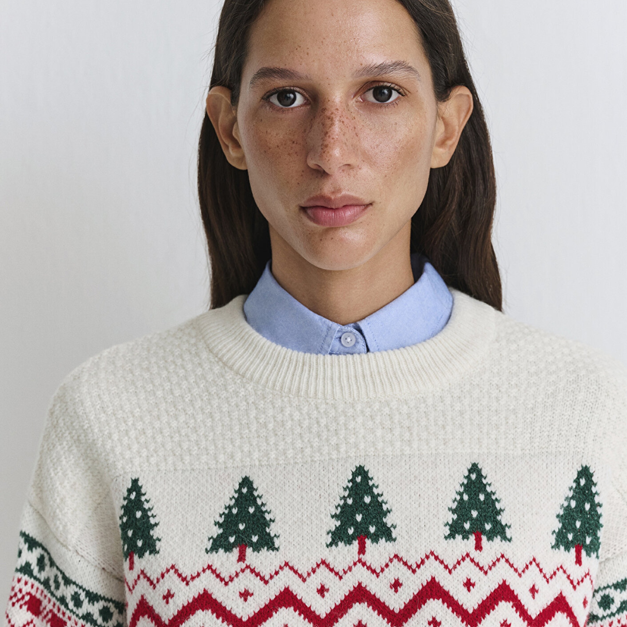 Mavi Yılbaşı Temalı Ekru Kazak Loose Fit / Bol Rahat Kesim 1710860-70057